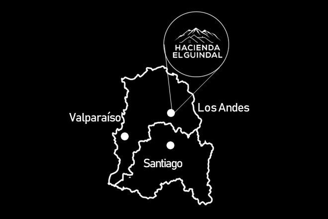 Mapa de ubicación de Hacienda el Guindal entre Valparaíso, Santiago y Los Andes