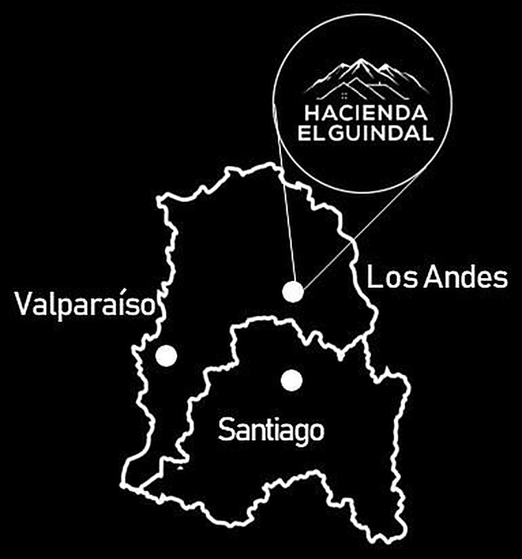 Mapa de ubicación de Hacienda el Guindal entre Valparaíso, Santiago y Los Andes